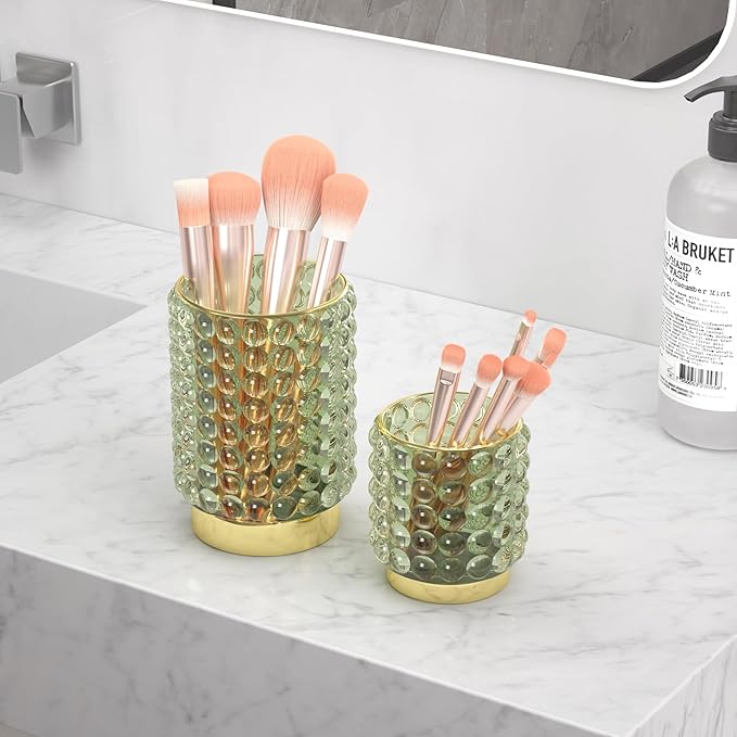 Makeup Brush Holder Organizer, Clear Green Cosmetic Glass Storage Holder, Vintage Crystal Bubble Gold Make Up Brush Cup Pen Pencil Holder