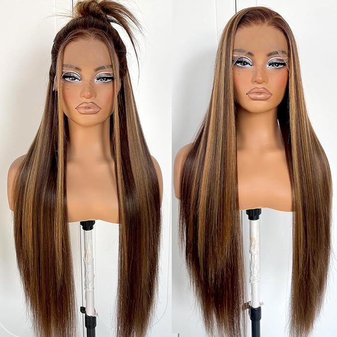360 Honey Blonde Lace Front Wig Pre Plucked Glueless Highlight Straight Lace Front Wig 180 Density Long Straight Yaki Synthetic HD Lace Front Wig 32inch