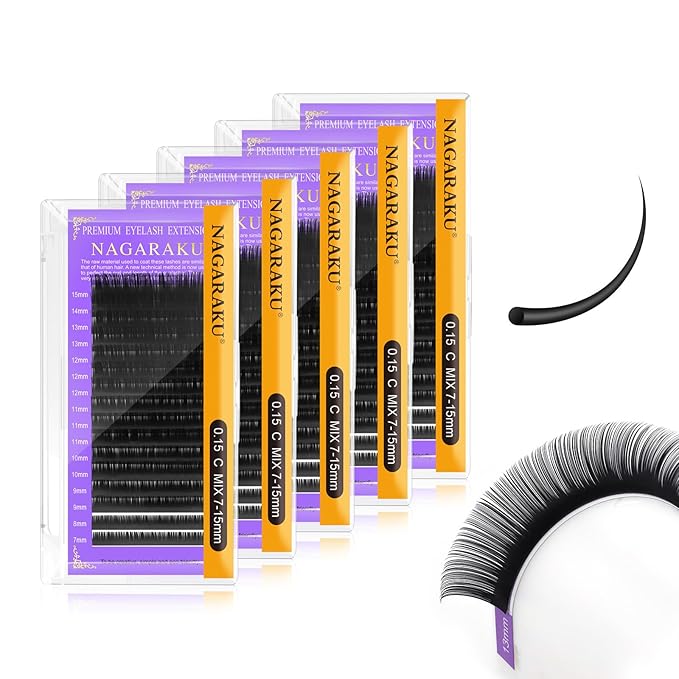 NAGARAKU 5 Trays Eyelash Extensions 0.15mm C curl 7-15mm Mix Tray Individual Lashes Classic Matte Black Faux Mink 16 Rows Professional Beauty Salon Supplies