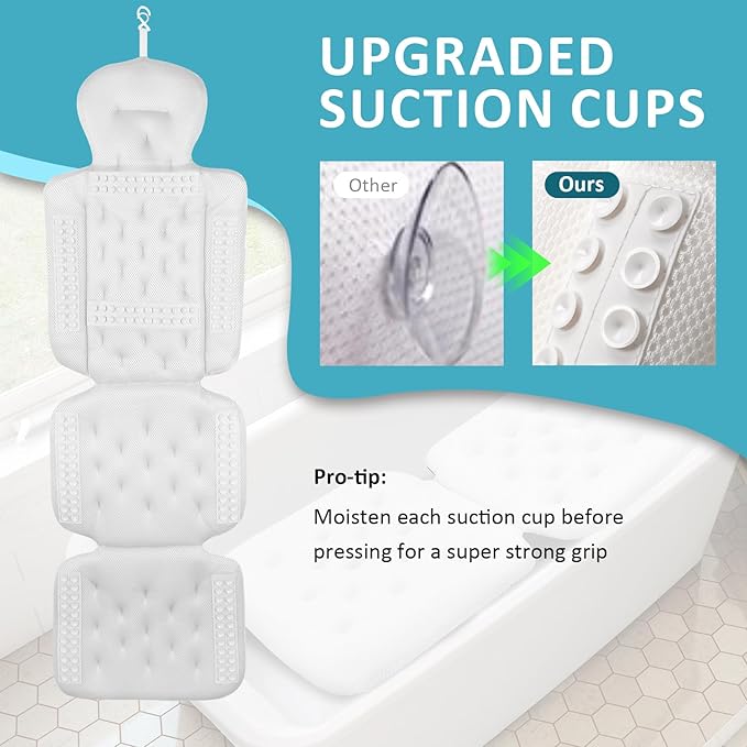 Luxury Full Body Bath Pillow for Bathtub, Bath Pillows for Tub with Mesh Laundry Bag & Non-Slip Suction Cups, Cushion for Bathtub Headrest Neck Back Support - 5D Air Mesh & Quick Drying | White