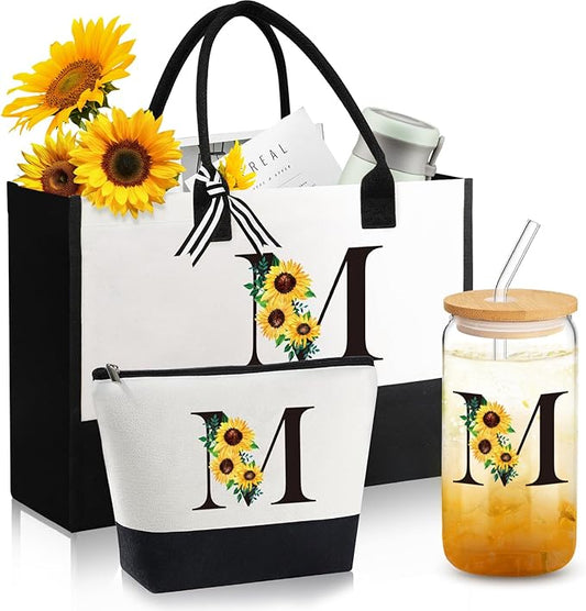 Personalized Gifts for Women: Monogrammed Canvas Tote Bag, Makeup Bag & Glass Cup (Sunflower, Mom, Sister, Best Friends)
