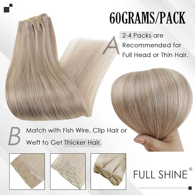 Full Shine Clip in Hair Extensions Real Human Hair Ash Blonde Highlight Invisible Clip in Hair Extensions for Women Hairpiece Blonde Extensions Clip ins 3 Pcs 12 Inch 60 G