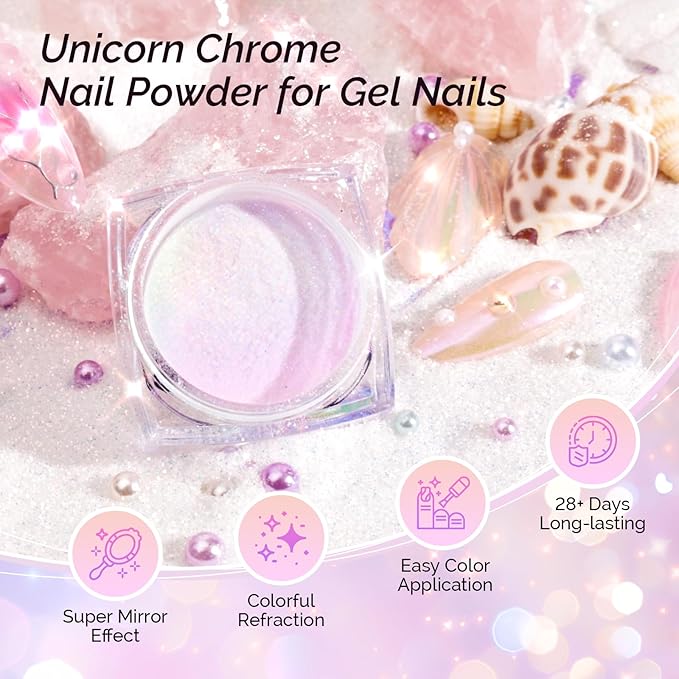MelodySusie Unicorn Chrome Nail Powder,Ice Transparent Aurora,Mirror Effect,Color Changing Pearlescent,Multi-color Chrome Rainbow Pigment Super Shiny,Suitable for Home DIY Nail Salon