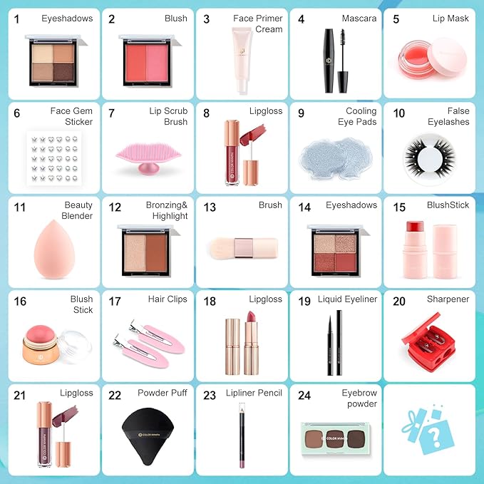 Color Nymph Makeup Advent Calendar, 24 Days Advent Calendar Valentines Day Birthday Makeup Gift Sets for Beauty Cosmetics Kit For Teens Girlfriend Daughters Surprise Holiday Gift Mint Green