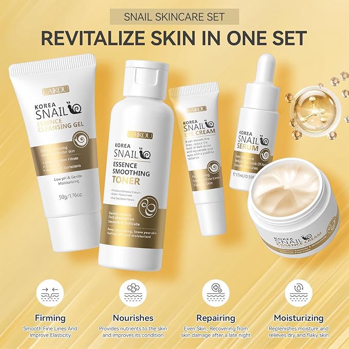 Skin Care Set, Face Snail Revitalizing Skin Care Sets & Kits, Facial Beauty Skincare Gifts for Teenage Girls with Cleanser,Toner,Serum,Eye Cream,Face Cream, Firming Hydrating Skin Care Christmas Gifts