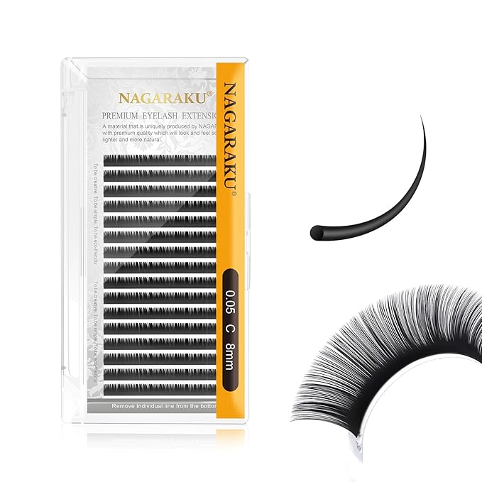 NAGARAKU Eyelash Extensions Individual Lashes 0.05mm C curl 8mm Classic Super Matte Black Soft Natural Faux Mink 16 rows Stable curl
