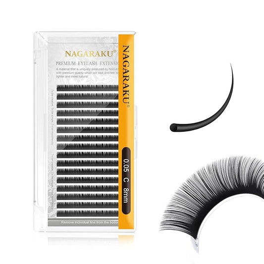 NAGARAKU Eyelash Extensions Individual Lashes 0.05mm C curl 8mm Classic Super Matte Black Soft Natural Faux Mink 16 rows Stable curl