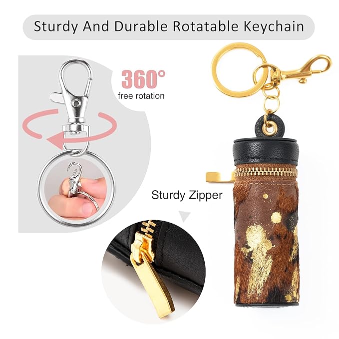 Cockatoo Nappa Leaeher Zipper Lipstick Case with Keyring Chapstick Holder Keychain (Horsehair/White)