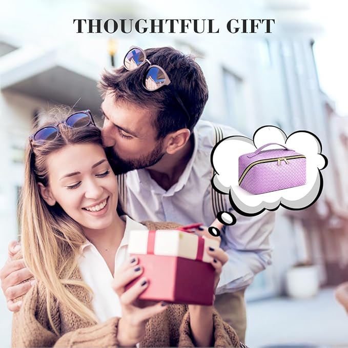 Travel Makeup Bag: Large Capacity Cosmetic Bag for Women, Portable PU Leather Waterproof Stuff Bag With Handle and Divider Flat Lay Makeup Pouch Toiletry Bag Birthday Gift for Women - Purple