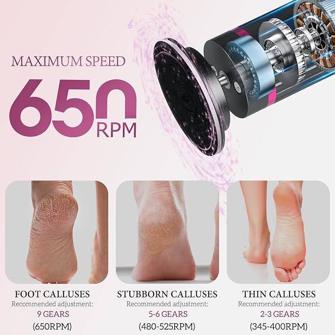 Ranrose Professional Electric Callus Remover - 9-Speed Rechargeable Foot File for Cracked Heels & Dead Skin, Portable Pedicure Tool with 2 Discs, Wireless & Anti-Slip Grip (Home/Spa/Travel)