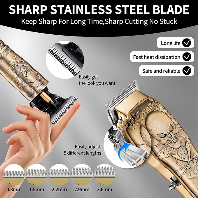 Roziapro Professional Hair Clippers for Men, Hair Trimmer for Men Haircut Cordless Hair Clippers Set with Rechargeable Nose Hair Trimmer, Gifts for Men (Gold)
