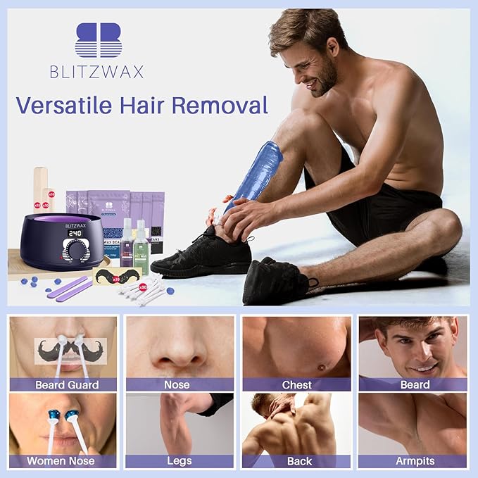 BLITZWAX Brazilian and Bikini Waxing Kit for Men, Hard Wax Warmer for Face, Legs, and Body, At Home Hair Removal Kit, Beginner Friendly, Quick Heating, 30 Nose Wax Sticks