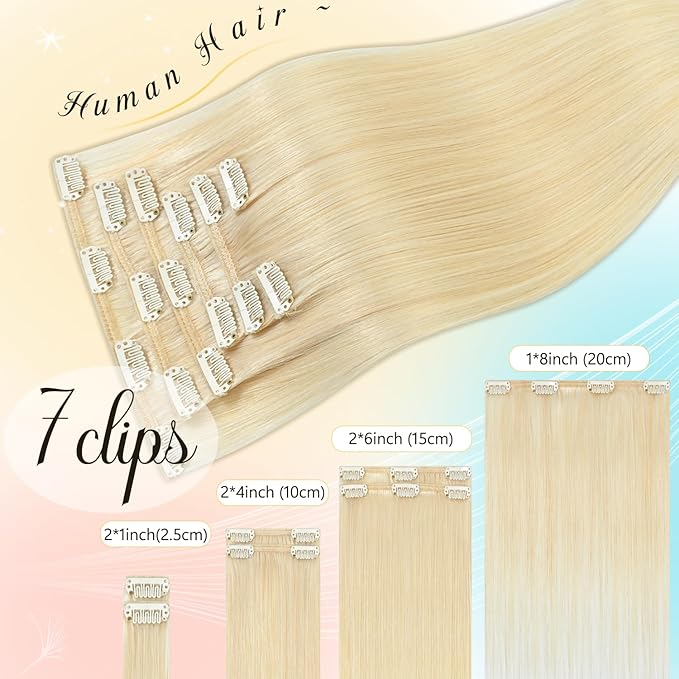 Clip in Hair Extensions Platinum Blonde Hair for women 75g Real Human Hair 15 Inch #60 Soft and Smooth Remy Hair Extensions Clip ins