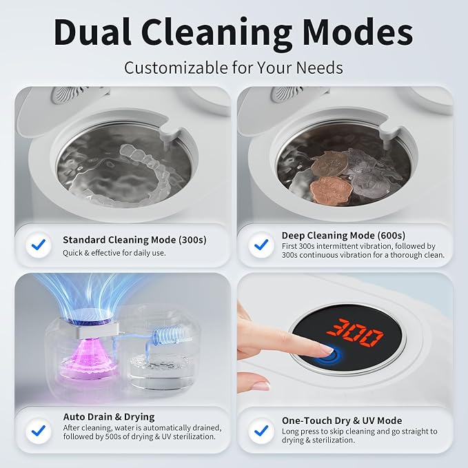 Ultrasonic Retainer Cleaner with Cleaning, Pumping, and Air-Drying Functions, 45kHz Retainer Cleaner Machine, 200ml Denture Cleaner for Dentures, Mouth Guards, Braces, Toothbrush Heads, Jewelry(White)