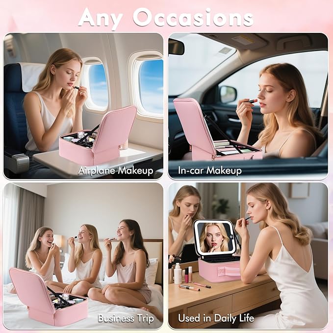 Travel Makeup Bag with Removable Mirror and Light, LED Lighted Make up Train Case, Cosmetic Organizer with PU Leather, 3 Colors Dimming Light, Adjustable Dividers & Brush Storage Board, Gift for Women
