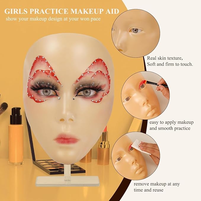 Yellow Silicone Makeup Practice Head - Set with Face Painting Mannequin, Brushes, Eyebrow Pen, Gift Accessories