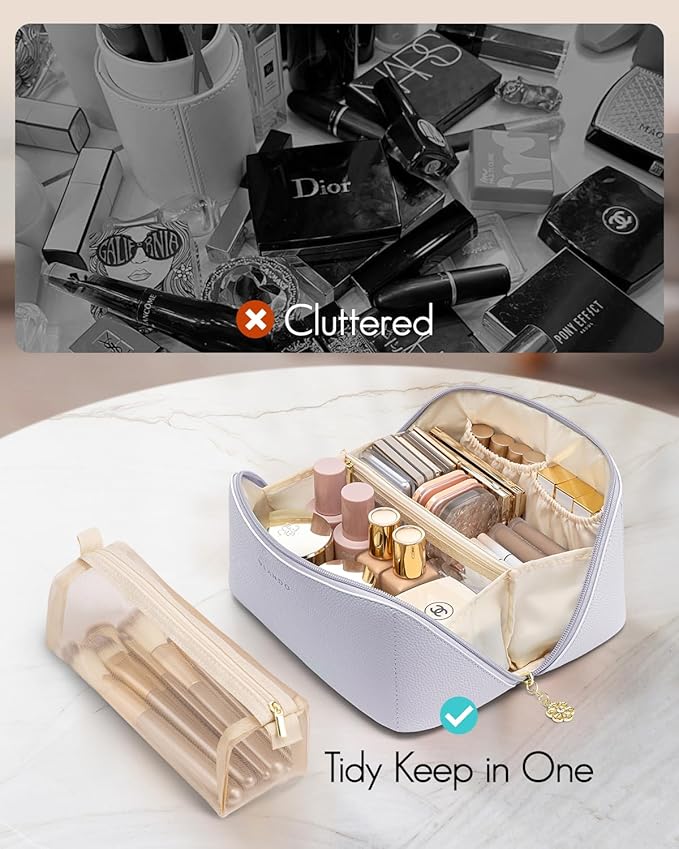 Vlando Makeup Bag,Travel Makeup Bag Waterproof Portable Cosmetic Bag PU Leather Open Flat Make up Organizer for Travelers teen Girls Women,Christmas Gifts for Women(Purple)