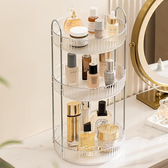 360 Rotating Makeup Organizer Clear 3 Tier Bathroom Organizer Spinning Perfume Organizers, Skincare Organizers Dresser Organizer Makeup Carousel with Silver Handle Cosmetic Brush Storage