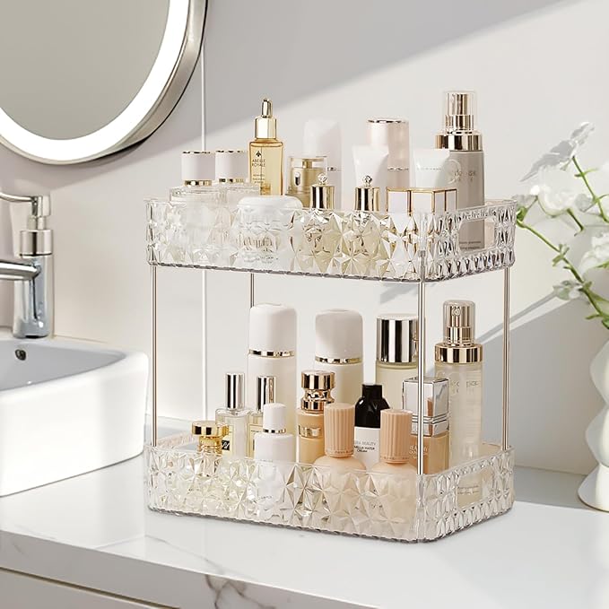 Makeup Organizer for Vanity,Bathroom Countertop Skincare Organizer,Makeup Counter Shelf Perfume Holder Rack,Cosmetic Display Case (Clear, 2 Tier)