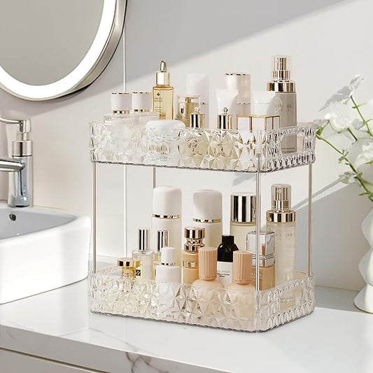 Makeup Organizer for Vanity,Bathroom Countertop Skincare Organizer,Makeup Counter Shelf Perfume Holder Rack,Cosmetic Display Case (Clear, 2 Tier)