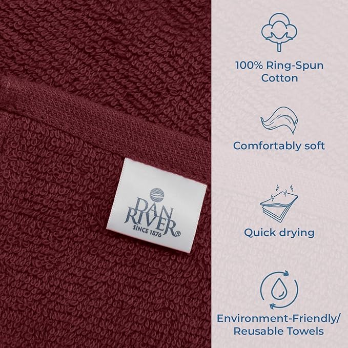 DAN RIVER 100% Cotton Washcloths 24 Pack Premium Quality Face and Body Cloth, Quick Dry Essential Towels for Bathroom, Hand, Kitchen & Cleaning, Baby Washcloths | 12X12 in | 400 GSM | Pomegranate