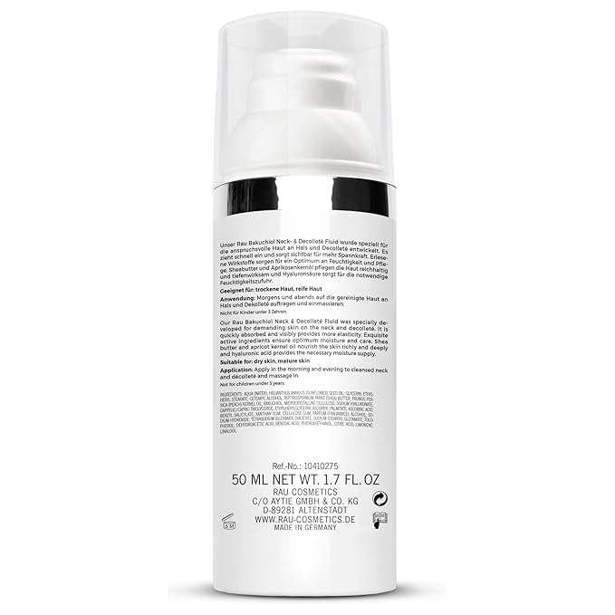 RAU Cosmetics Bakuchiol Neck & Décolleté Fluid (1.7 FL oz) - Anti aging care for neck & décolleté - neck cream against wrinkles Firming anti-wrinkle care for the breast and neck