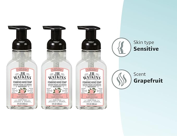 J.R. Watkins Foaming Hand Soap with Pump Dispenser, Moisturizing Foam Hand Wash, All Natural, Alcohol-Free, Cruelty-Free, USA Made, Grapefruit, 9 fl oz, 3 Pack