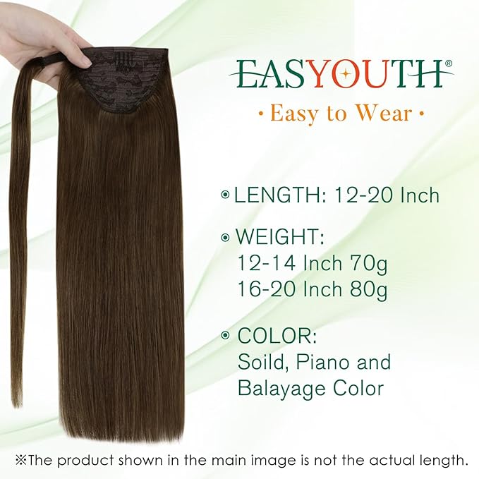 Easyouth Ponytail Extension Brown Human Hair Ponytail Extensions Wrap Around Ponytail Human Hair Pony Tails Hair Extensions Clip in Ponytail Extension Human Hair Milky Brown 16Inch 80g #4