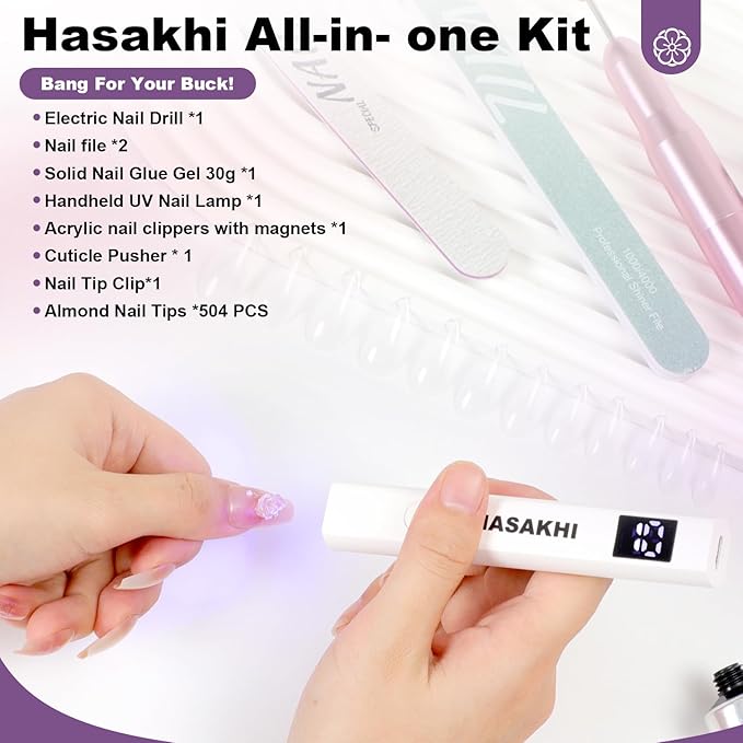 Gel X Nail Kit: All-in-1 Beginner Gel Nail Kit with Nail Drill Handheld UV Light 30g Solid Nail Glue Gel 504PCS Nail Tips Acrylic Nail Kit Home Salon DIY Nail Art Gel Kit Manicure Gift (Almond)