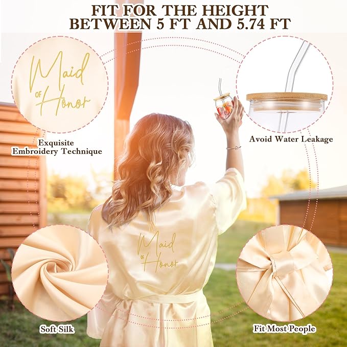 Irenare 8 Pcs Proposal Gifts Set Robes Makeup Bag Cup Cards Hair Tie Bracelet Diamond Pen Bridesmaid Gift Box(Champagne,Maid of Honor)