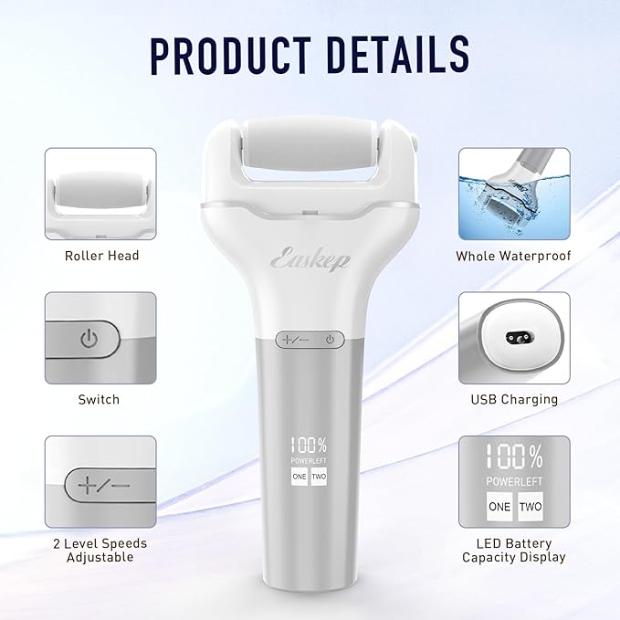 Electric Foot Callus Remover Easkep Rechargeable Portable Electronic Foot File Pedicure Tools, Waterproof 16 in 1 Callus Remover Kit, Professional Pedicure Kit for Dead Hard Cracked Dry Skin (Silver)