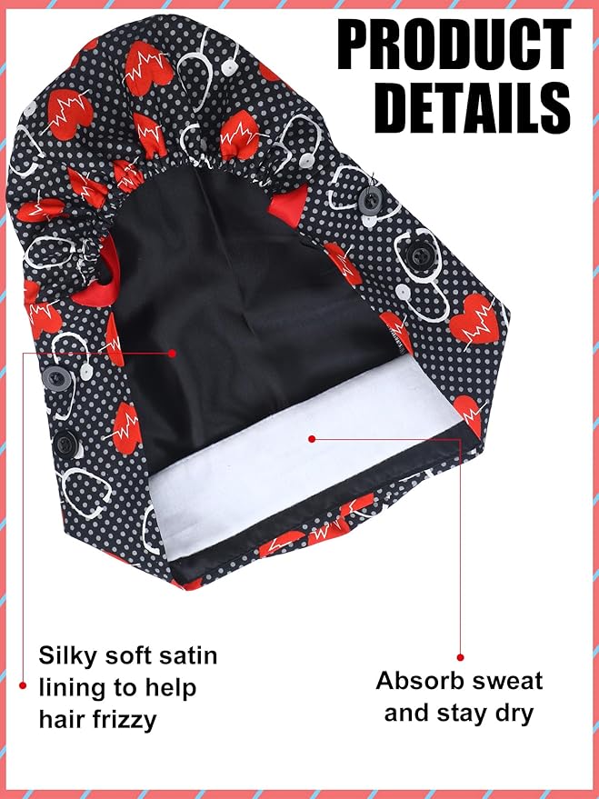 6 Pcs Satin Lined Scrub Caps Women Nurse Surgical Hat with Buttons Ponytail Working Adjustable Pouch Tie Back