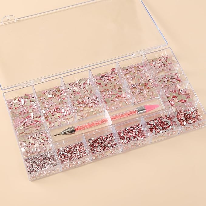 600 Multi-Shape Rhinestones + 3800 Flat Diamonds Mix 20 Styles of Flat Rhinestone Crystals 3D Decorative Flat Stone Gemstone Set + Drill Pen. Suitable for Nail Art.