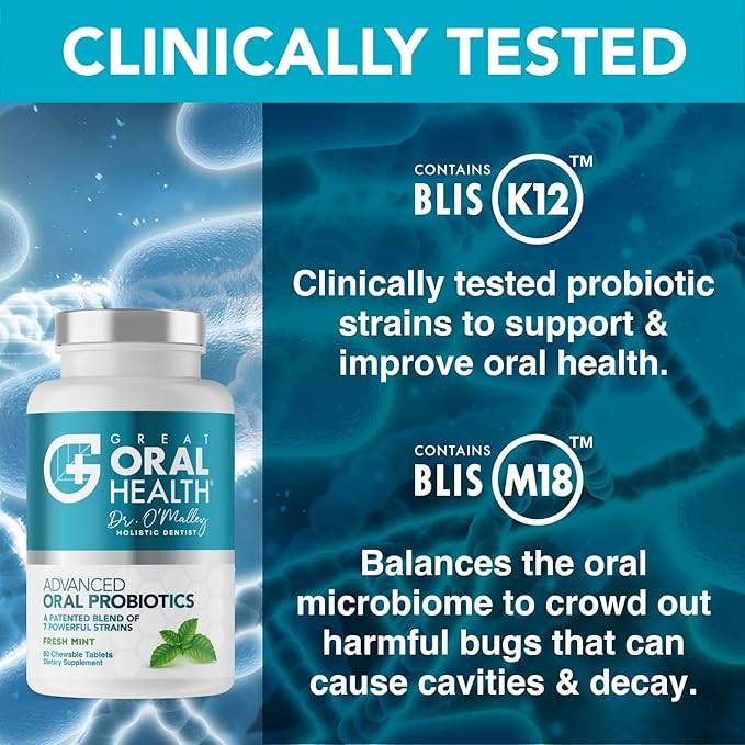 Oral Probiotics for Mouth Bad Breath Treatment for Adults; Dentist Formulated Dental Probiotics for Teeth and Gums Health & Chronic Halitosis with BLIS K12 M18, 60 Chewable Oral Health Tablets Mint