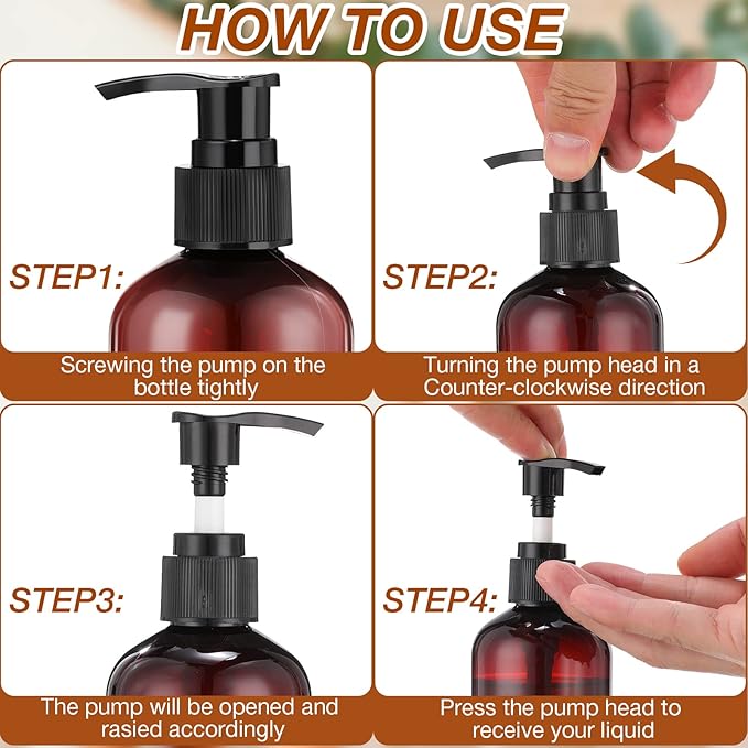 48 Pcs Pump Bottle Lotion Dispenser Refillable Shampoo Conditioner Hand Soap Dispenser Plastic Empty 8oz/250ml Clear Reusable Body Wash Container Bulk (Brown, Black)