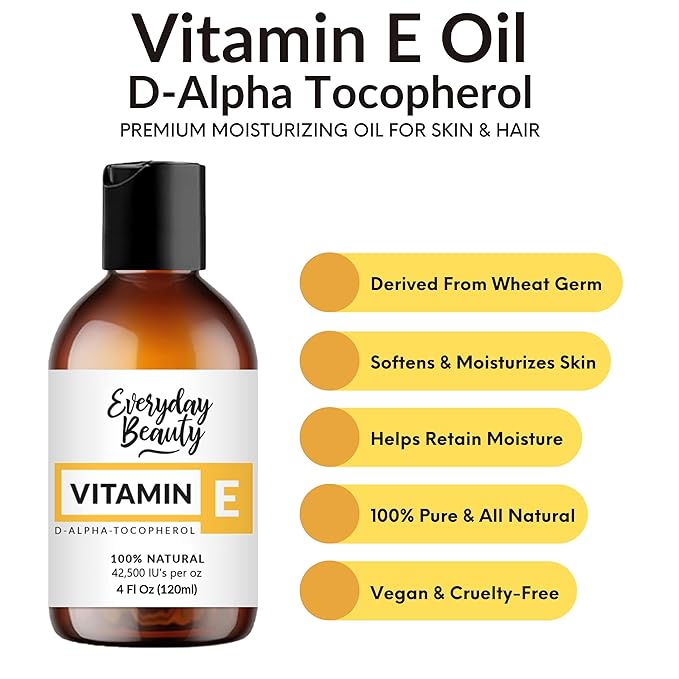 Pure Vitamin E Oil - D-Alpha Tocopherol 100% Pure & All Natural 4oz 42,500 IU per oz - Thick, Amber Color, Nutty Aroma - From Wheat Germ -Face Body Hair -DIY Cosmetics & After Surgery Scars