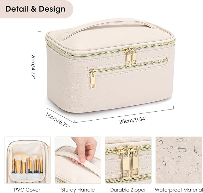 Travel Makeup Bag Organizer, Large Capacity Cosmetic Pouch for Women, Waterproof Make Up Bag with Divider, Clamshell Makeup Case Make Up Bag with Handle and Metal Zipper, Travel Essentials White