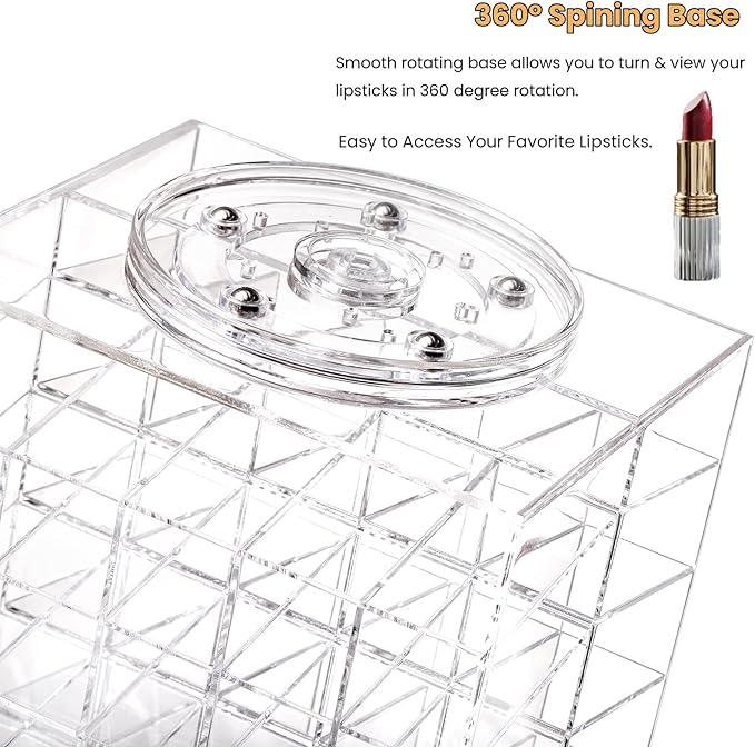 64 Slots Rotating Lipstick Organizer, Acrylic Spinning Lipgloss Tower Holder, Clear Rotable Lip Gloss Organizer Case, Lip Stick Display Rack Stand, Cosmetic Makeup Accessories for Lip Balm