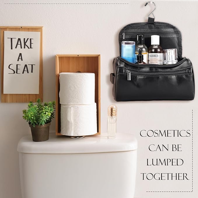 Aliceset 6 Pcs Groomsmen Gift Groomsmen Toiletry Bags Set of 6 Leather Toiletry Bag for Men with Hook Leather Wedding Proposal Bag with Side Handle Father Gift(Black)