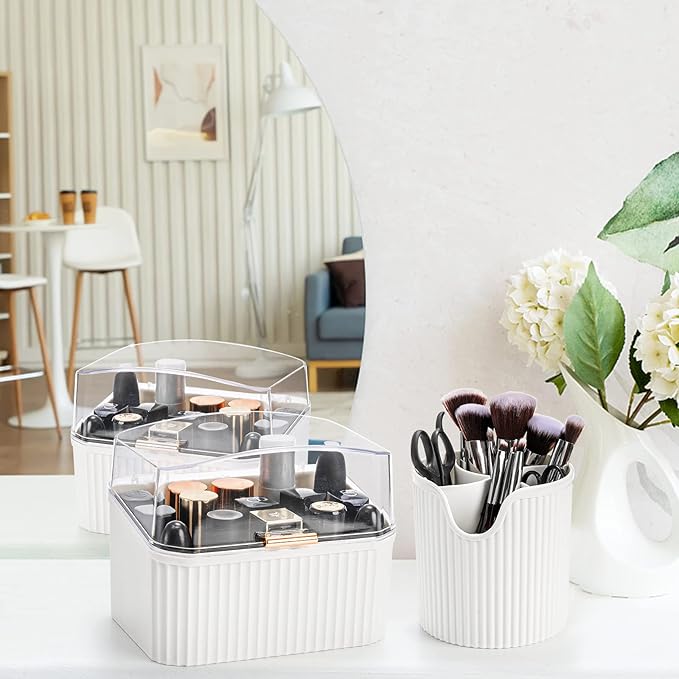 ZOOFOX 3 Pack Makeup Organizer, Cosmetics Storage Display Case with Lipstick and Makeup Brush Organizer, Portable Handle Skincare Holder for Bathroom Countertop, Dresser