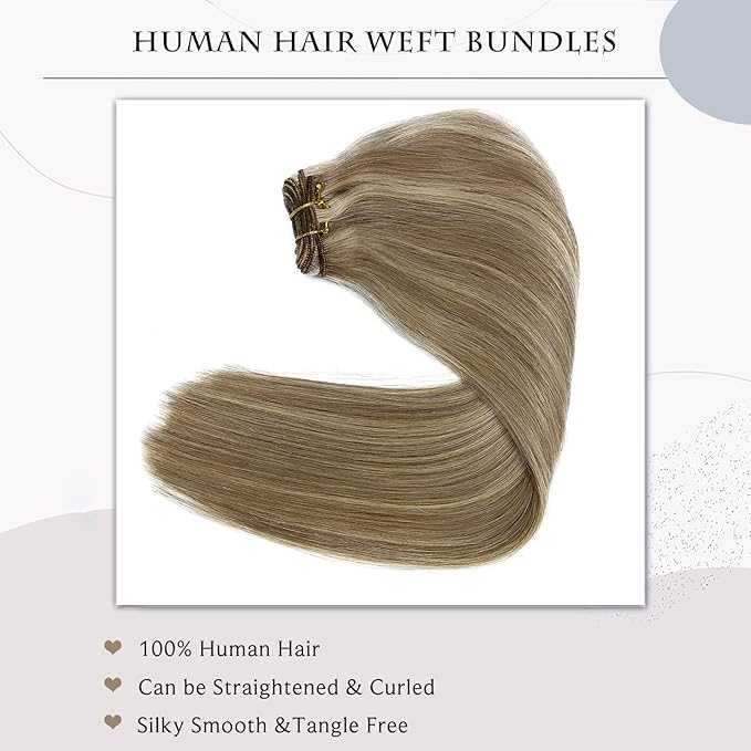 Sew in Hair Extensions Real Human Hair, 18 Inch 100G Weft Hair Extensions Human Hair Ash Blonde Balayage Blonde Highlights Human Hair Hand Tied Weft Hair Extensions Human Hair Weave Bundles for Women