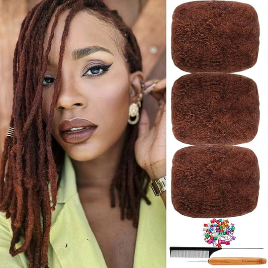 Afro Kinkys Bulk Human Hair for Dreadlock Extensions,Repair Locs, Twists and Braids, 3 Packs 90 Gram Each Package 100% Human Hair Afro Kinky Bulk Can be Dyed and Bleached (Auburn 30# 8inch)