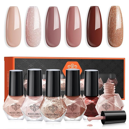 modelones Nail Polish Set 6 Colors, Nude Brown Burgundy Glitter Quick Dry Mini Nail Lacquer Kit, Skin Tone Dark Red Pink Nail Art DIY Home Travel Salon Nail Art Manicure Gift for Women Girls