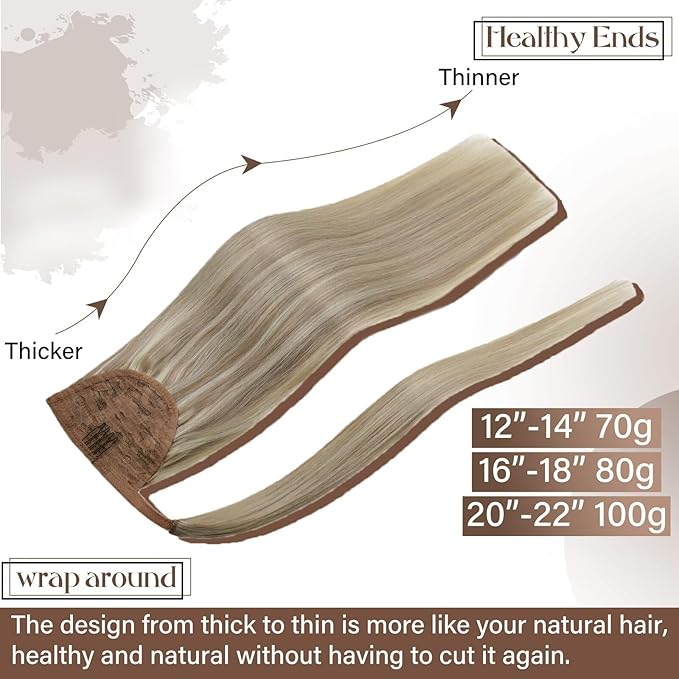 Hetto Blonde Ponytail Human Hair Ponytail Highlight Light Blonde #17/23 12 Inch Straight Wrap around Pony Tail Hair Extension 70g/Set