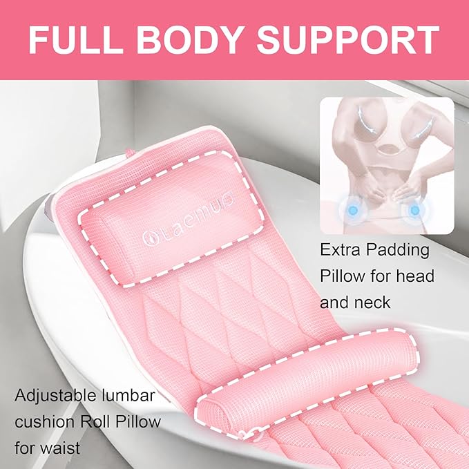 Full Body Bath Pillow Bathtub Pillows-Removable Lumbar Cushion with 17 Non-Slip Suction Cups 4D Air Mesh Fit Any Tub Luxury Bathroom Accessories-Pink