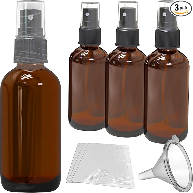 Nevlers 4 Oz Amber Glass Spray Bottles 3 Pack | Small Glass Spray Bottle Set with Shrink Wraps and Funnel | Leakproof Oil Spray Bottle and Spritzer Bottles for Hair, Body, & More