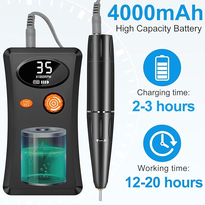 Electric Nail Drill, Urbuti 35000RPM Professional Nail Drill Machine, Portable Rechargeable File Machine Set for Acrylic Gel Nails, Manicure Pedicure Tools for Home and Salon Use(Black)
