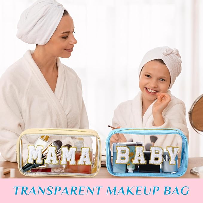 4 Pcs Mama and Baby Toiletry Bag Clear Chenille Letter Pouch Snacks Makeup Stuff Travel Diaper Bag Preppy Transparent Pouch with Zipper for Women Gift(Macarons Color)
