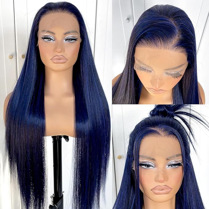 13x6 Dark Blue Straight HD Lace Front Wig Pre-Plucked Glueless Long Straight Blue Lace Front Wigs Synthetic Wear and Go Lace Front Wigs