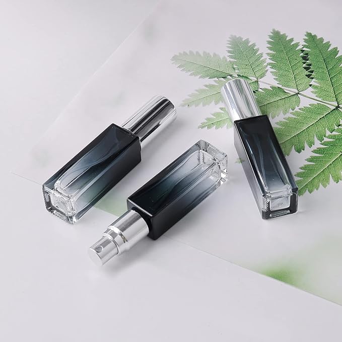 45pcs 10ml Mini Square Spray Bottle Glass Empty Spray Refillable Perfume Bottle Fine Mist Liquid Dispenser for Makeup Skin Care (Silver Cap)